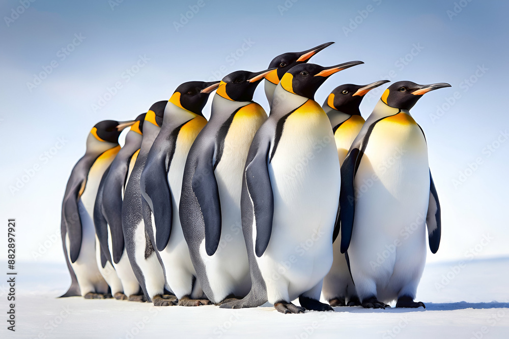 Obraz premium A group of penguins standing in a line. The penguins are all facing the same direction