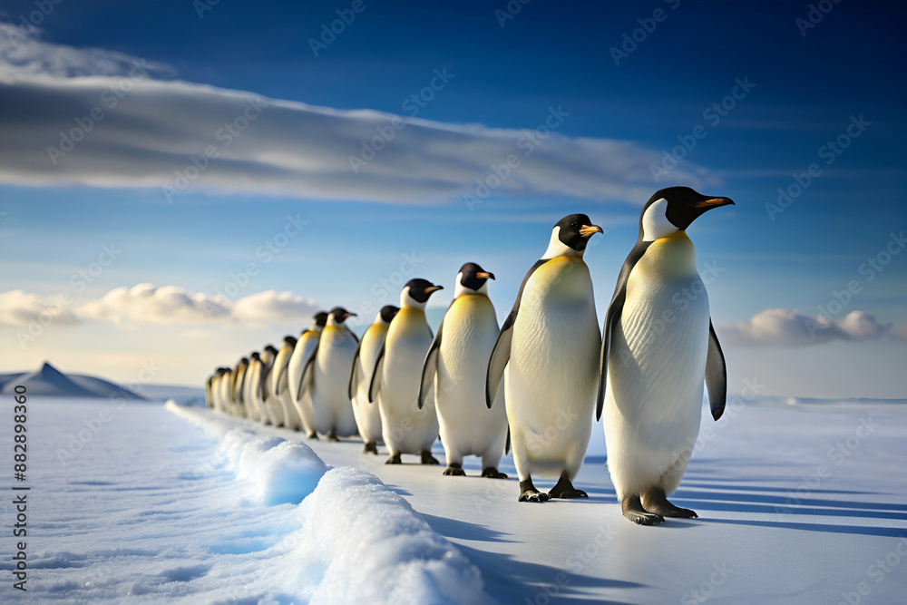 Naklejka premium A group of penguins standing in a line on a snowy surface. Concept of unity and togetherness among the penguins as they stand side by side