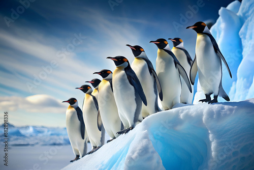 A group of penguins standing on a snowy surface. Concept of unity and togetherness among the penguins as they stand side by side photo