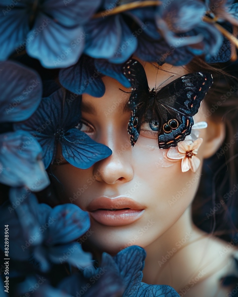 Φωτογραφία close up photo of beautiful women with huge butterfly on her face, black flowers