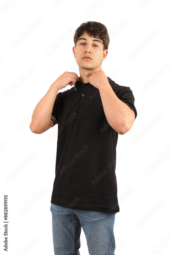 Youth man wearing blank collared t-shirt on white background, closeup. Black color polo tshirt. Mockup for design tee, polo t-shirt mockup, isolated background. Youth man wearing blank collared t-shirt on white background, closeup. Black color polo tshirt. Mockup for design tee, polo t-shirt mockup, isolated background.