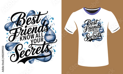 The digital illustration features a stylish t-shirt design with a bold calligraphy font, delicate water drop decoration, and a muted color palette, creating a visually appealing and thought-provoking 
