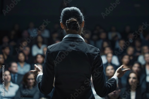 Successful businesswoman inspiring her team with a motivational speech, showcasing her leadership prowess.