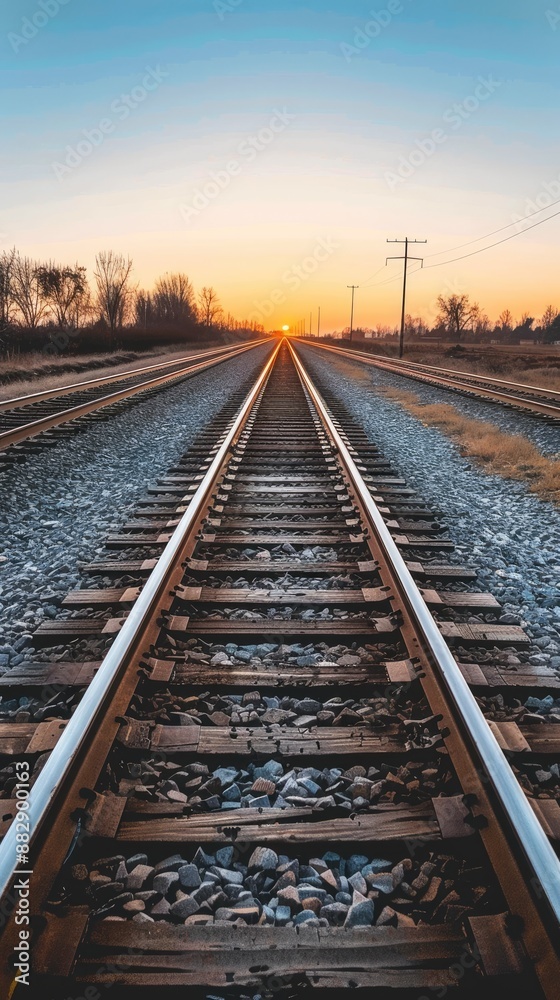 A pair of railroad tracks lead towards a setting sun in a rural landscape A pair of railroad tracks lead towards a setting sun in a rural landscape