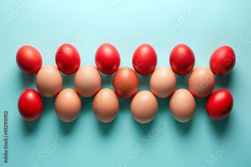 A row of eggs with some red and some brown. The eggs are arranged in a line, with the red ones in the middle and the brown ones on either side. The image has a simple and straightforward concept