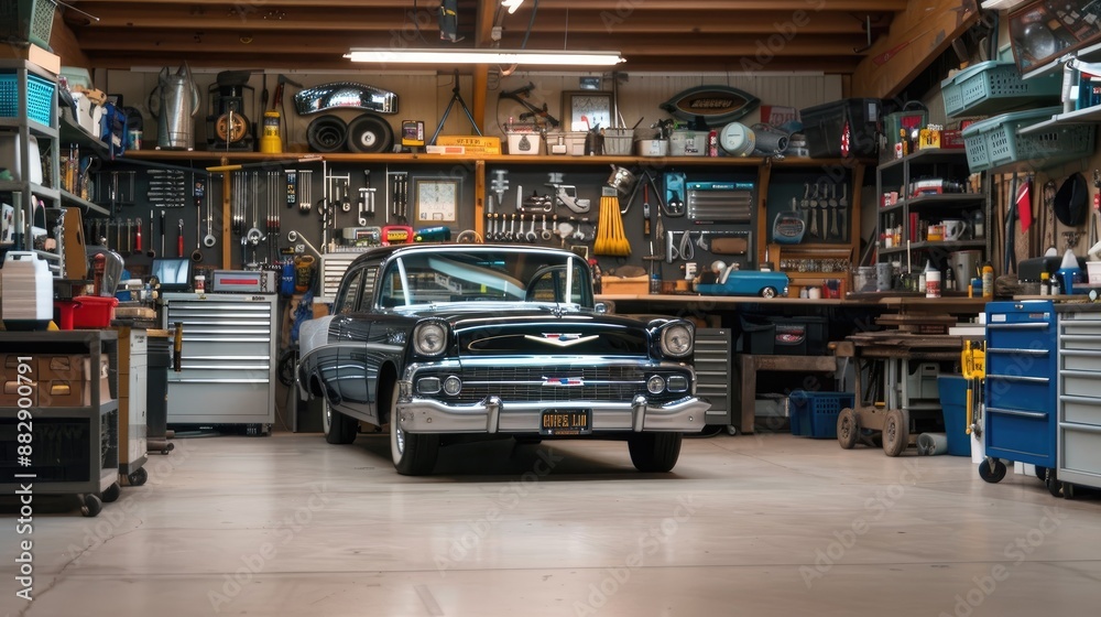 A car is parked in a well-lit garage, facing right and perfectly centered. The spacious garage has wooden ceiling beams A car is parked in a well-lit garage, facing right and perfectly centered. The spacious garage has wooden ceiling beams