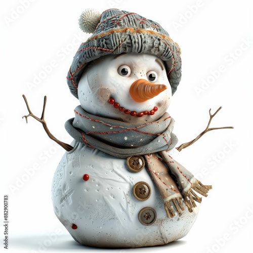Charming Snowman with Cozy Hat and Scarf, Adorned with Buttons and Carrot Nose, Isolated on White Background