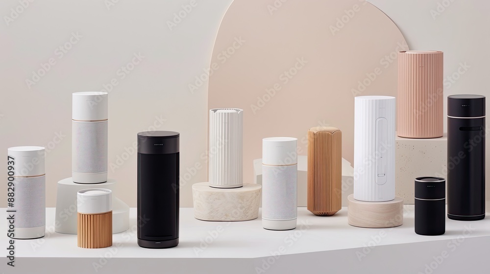 A variety of smart speakers in white, black, and wood tones are arranged on a white tabletop A variety of smart speakers in white, black, and wood tones are arranged on a white tabletop