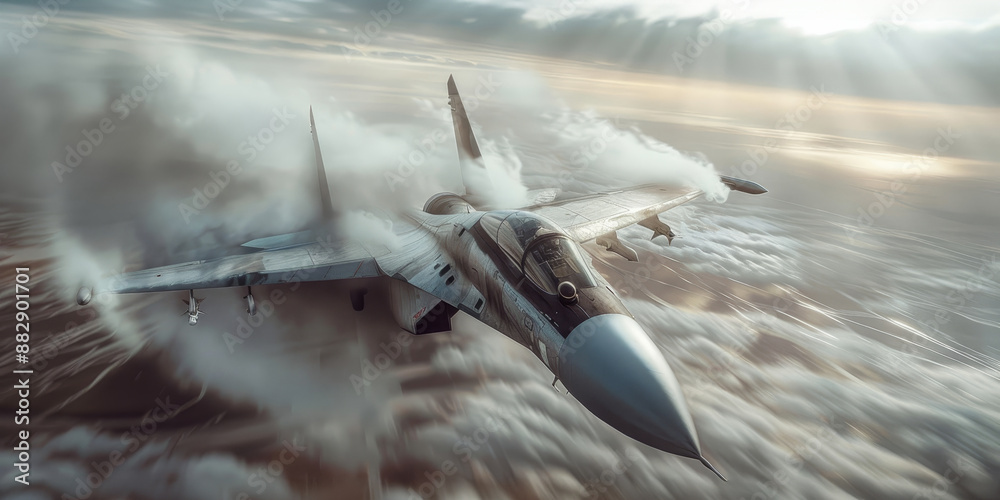 A photorealistic picture of an jet fighter flying over the ground, cloudy sky, blurred background, low angle shot, motion blur A photorealistic picture of an jet fighter flying over the ground, cloudy sky, blurred background, low angle shot, motion blur
