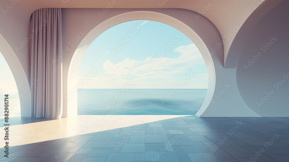Obraz premium Architecture Interior Room with Sea View, 3D Render of Coastal Living