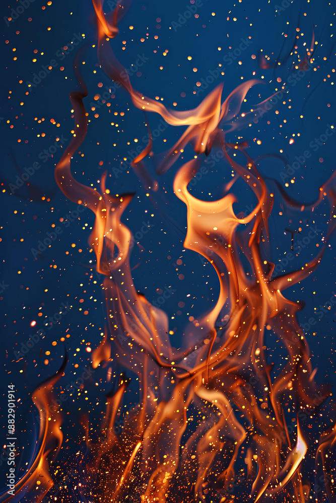 Abstract background with fiery orange flames and glowing particles on blue backdrop, dynamic and vibrant design with copy space Abstract background with fiery orange flames and glowing particles on blue backdrop, dynamic and vibrant design with copy space