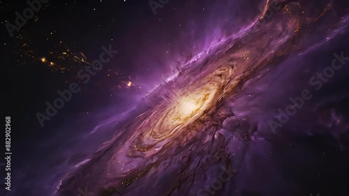 Slow zoom in through the endless purple and golden space lights, animated stars and nebulas in dark infinite space