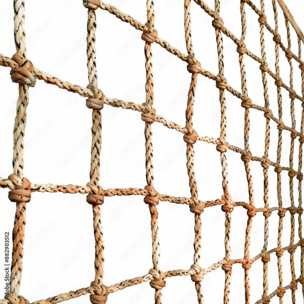 Close-Up of Woven Rope Netting with Knots on White Background for Nautical, Sports, and Safety Applications Close-Up of Woven Rope Netting with Knots on White Background for Nautical, Sports, and Safety Applications