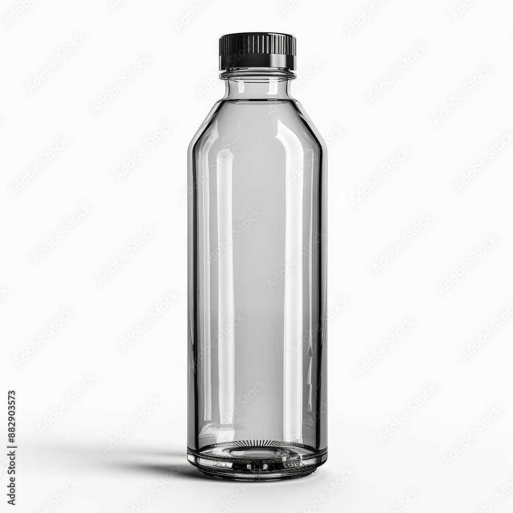 Clear Glass Bottle with Black Cap Isolated on White Background, Perfect for Product Mockups and Packaging Design Clear Glass Bottle with Black Cap Isolated on White Background, Perfect for Product Mockups and Packaging Design