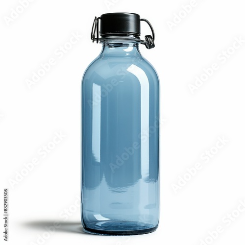 Clear Blue Reusable Water Bottle with Black Cap on White Background