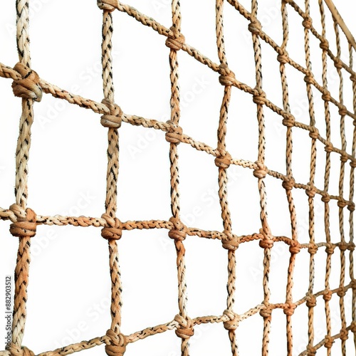 Close-Up of Woven Rope Netting with Knots on White Background for Nautical, Sports, and Safety Applications
