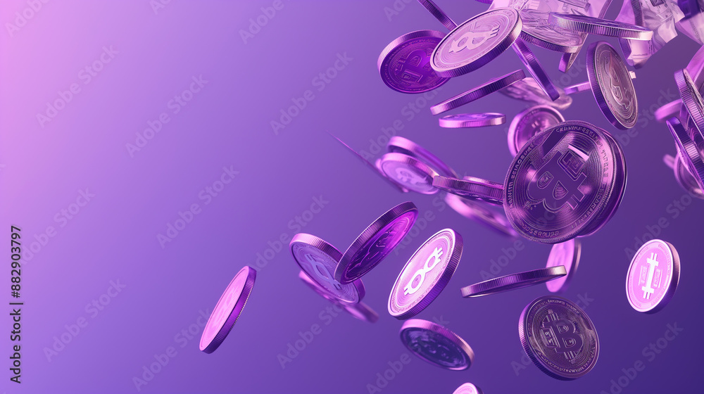 Money-Saving and Cashless Society Concept 3D Render Illustration of Bundles of Cash and Floating Coins on Purple Background Money-Saving and Cashless Society Concept 3D Render Illustration of Bundles of Cash and Floating Coins on Purple Background