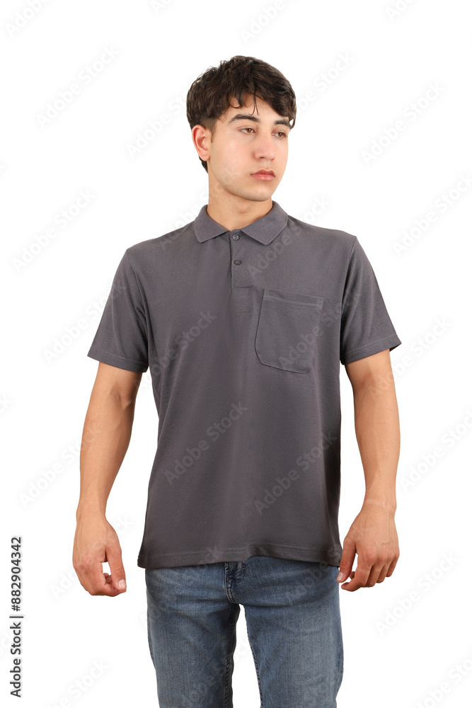 Fototapeta premium Youth man wearing blank collared t-shirt on white background, closeup. Dark gray color polo tshirt. Mockup for design tee, polo t-shirt mockup, isolated background.