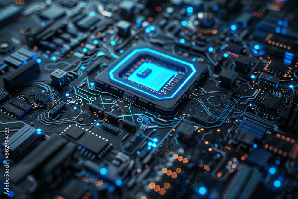 A glowing AI chip with intricate blue circuitry, set against a dark, detailed circuit board, digital art