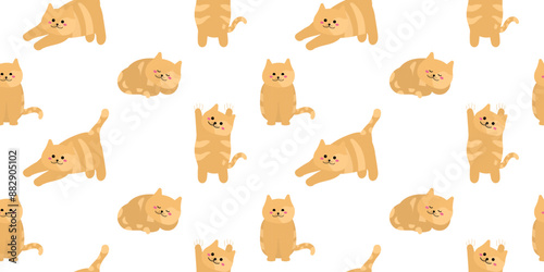 Seamless cute pattern with ginger cats. Kids pattern isolated on changeable white background for print wrapper paper, fabric. Flat style cats ornament in horizontal format. Nice animals character.