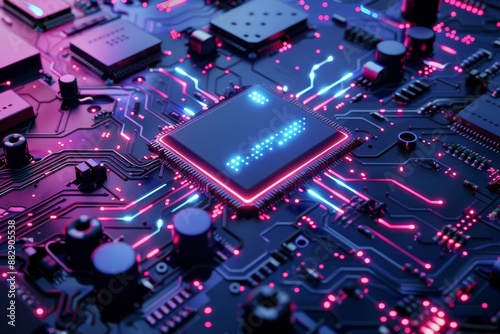 A neon AI chip with blue and pink glowing circuitry, set against a dark, detailed circuit board, digital art