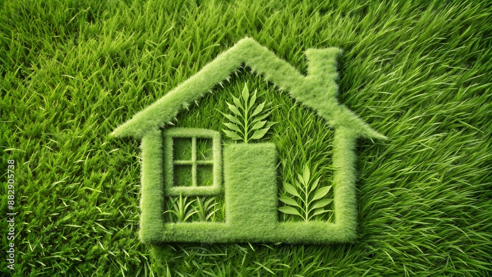 grass with home foliage stencil design, Eco friendly concept grass with home foliage stencil design, Eco friendly concept