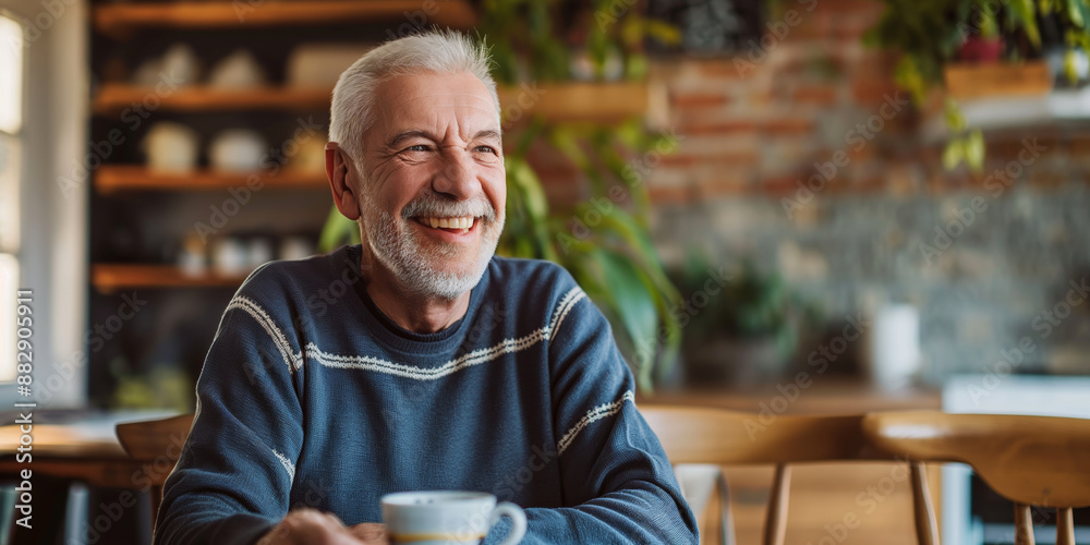 A cheerful senior man smiling and enjoying a cup of coffee or tea at a cafe, reflecting relaxation and happiness. A cheerful senior man smiling and enjoying a cup of coffee or tea at a cafe, reflecting relaxation and happiness.