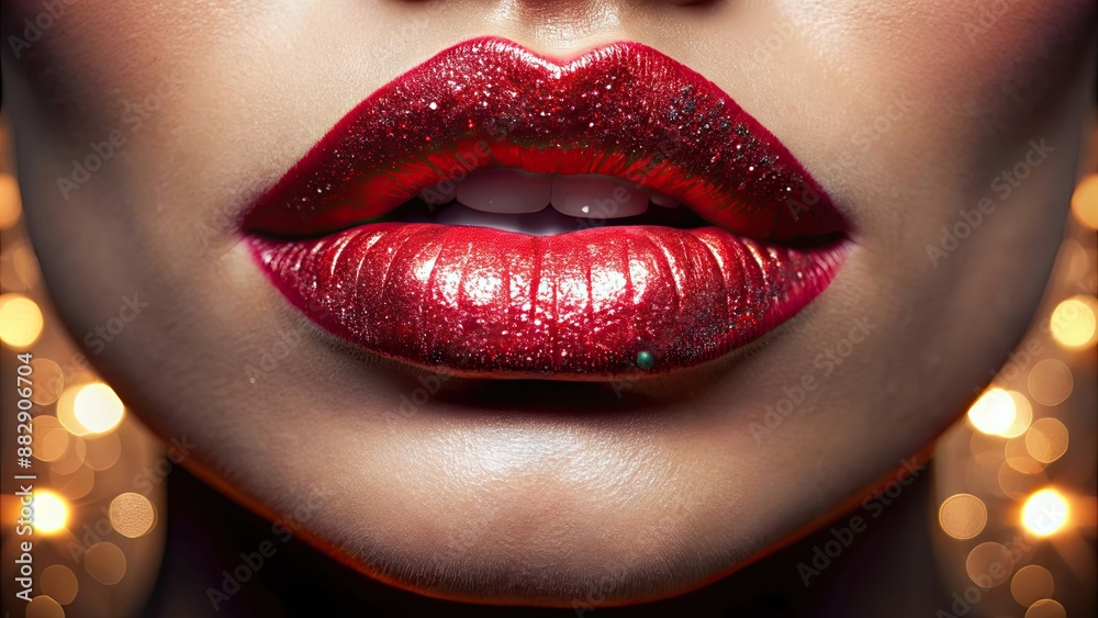 Obraz premium Close up of shiny lips with glowing lipstick, shiny, lips, glowing, lipstick, makeup, beauty, close up, lipstick, gloss
