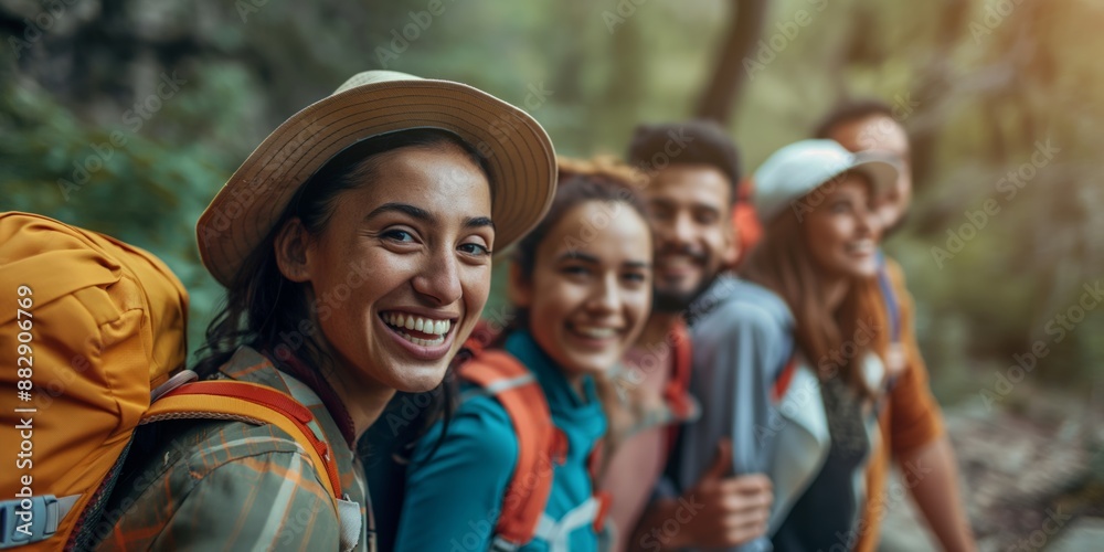 A group of friends enjoys hiking together in the outdoors, smiling and bonding on a leisurely summer adventure in nature. A group of friends enjoys hiking together in the outdoors, smiling and bonding on a leisurely summer adventure in nature.