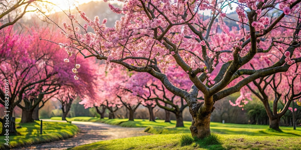 Obraz premium Blooming Japanese plum tree in a spring garden, flowers, blossoms, pink, petals, nature, beauty, springtime, Japanese culture