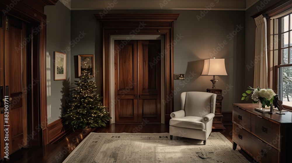 A small, decorated Christmas tree stands in a formal living room with dark wood trim, a large window with a view of a snowy landscape, and a white armchair with a lamp beside it A small, decorated Christmas tree stands in a formal living room with dark wood trim, a large window with a view of a snowy landscape, and a white armchair with a lamp beside it