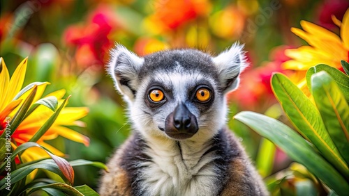 Close-up of a lemur with bright yellow eyes among vibrant tropical flowers and foliage, lemur, yellow eyes, vibrant