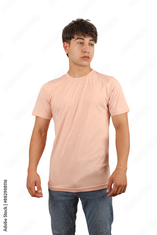 Youth man wearing blank t-shirt on white background, mockup tee closeup. Pink color tshirt. Mockup for design, isolated background. Youth man wearing blank t-shirt on white background, mockup tee closeup. Pink color tshirt. Mockup for design, isolated background.