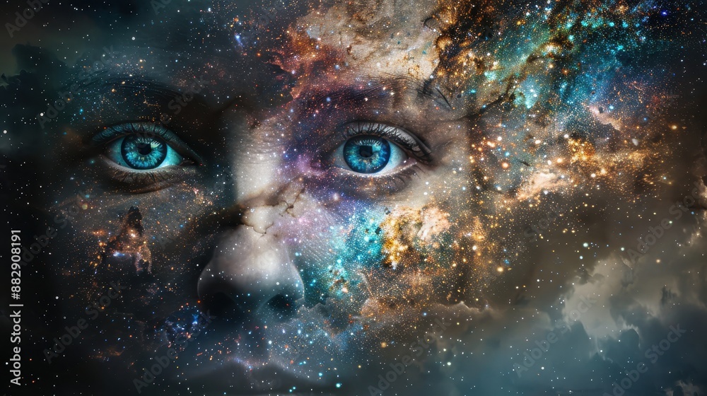Surreal Cosmic Portrait of a Human Face Blending with the Universe and Stars Surreal Cosmic Portrait of a Human Face Blending with the Universe and Stars