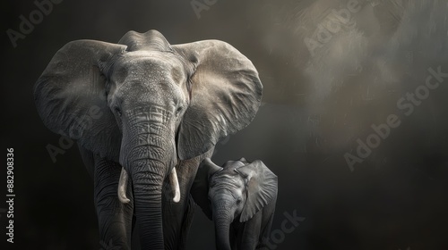 A large elephant stands next to a smaller elephant