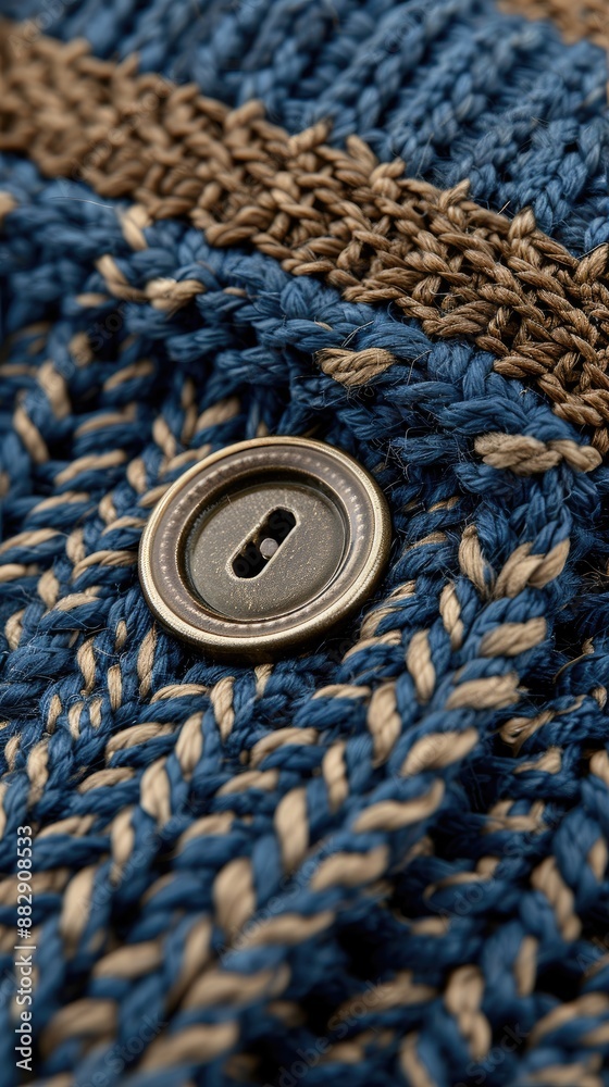 A close-up of a metal button, with a worn finish, fastened to a blue and tan striped knit fabric A close-up of a metal button, with a worn finish, fastened to a blue and tan striped knit fabric