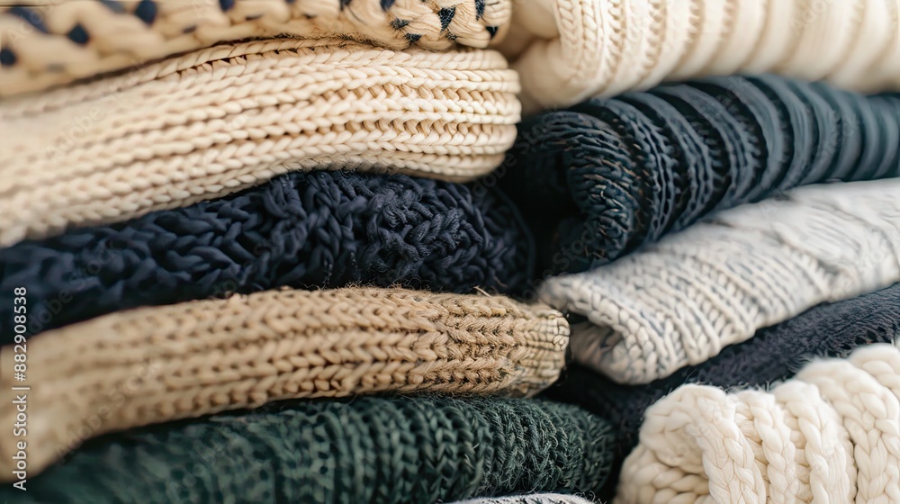 A close-up image of a stack of knitted sweaters in various colors, including cream, black, tan, and green A close-up image of a stack of knitted sweaters in various colors, including cream, black, tan, and green