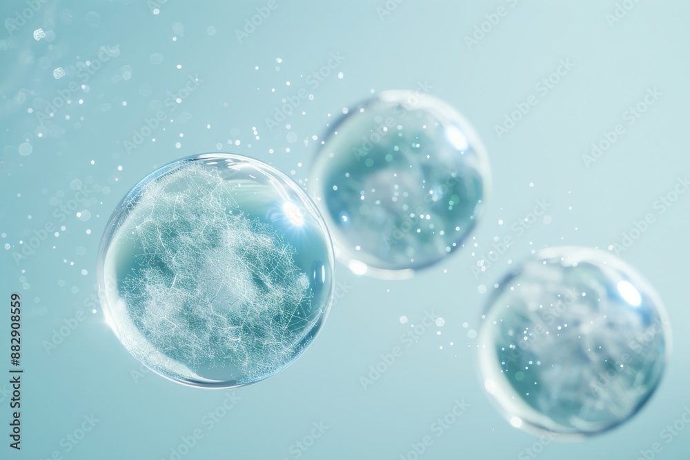Three transparent bubbles with detailed molecular structures inside, floating on a light blue background, digital art Three transparent bubbles with detailed molecular structures inside, floating on a light blue background, digital art