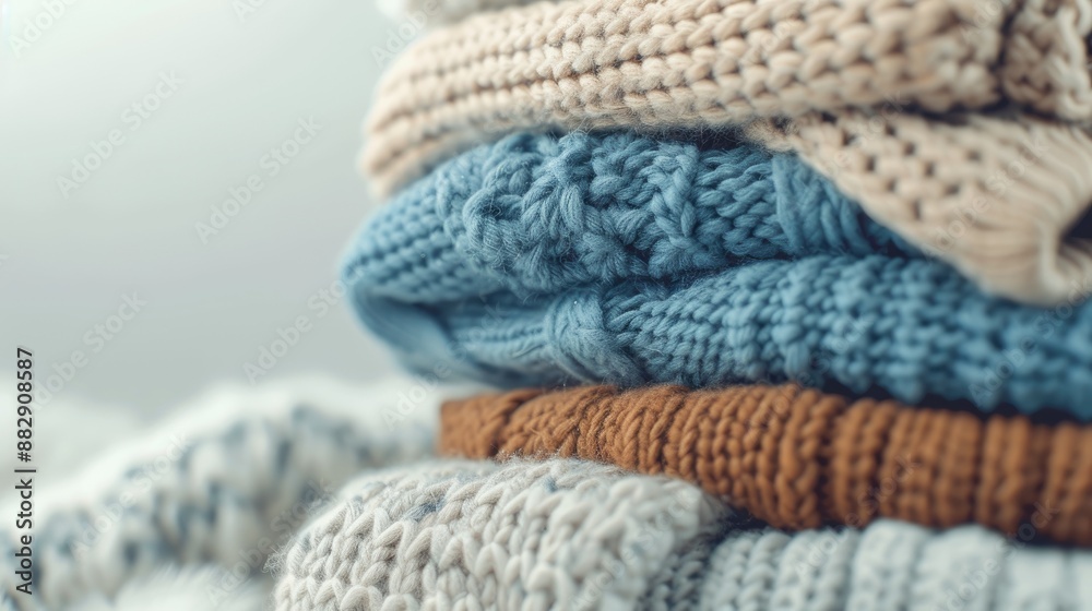 A close-up of a stack of knitted sweaters in soft shades of blue, beige, and brown A close-up of a stack of knitted sweaters in soft shades of blue, beige, and brown