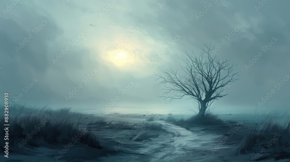 A tree stands alone in a field with a cloudy sky in the background
