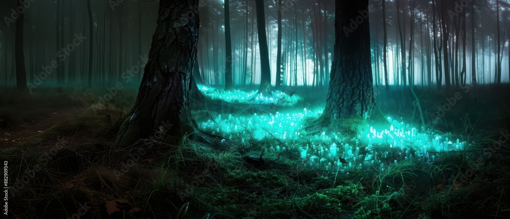 Enchanted Forest with Glowing Mushrooms and Misty Atmosphere at Night
