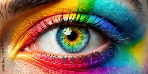 Close-up of an eye with rainbow-colored makeup, rainbow, eye, close-up, makeup, colorful, beauty, cosmetic, vibrant