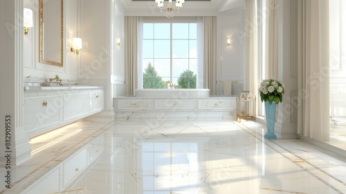 A large bathroom with a white tub and a large mirror