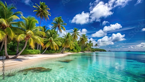 Beautiful tropical beach with palm trees and crystal clear turquoise water, ideal for a Caribbean island vacation