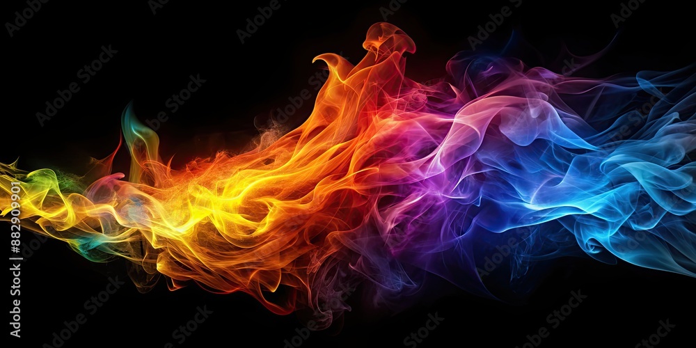 Fototapeta premium Colorful abstract fire flame on black background with vibrant colored lines and a mystical, smokey appearance