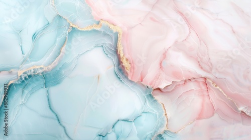 A blue and pink marble wall with gold accents