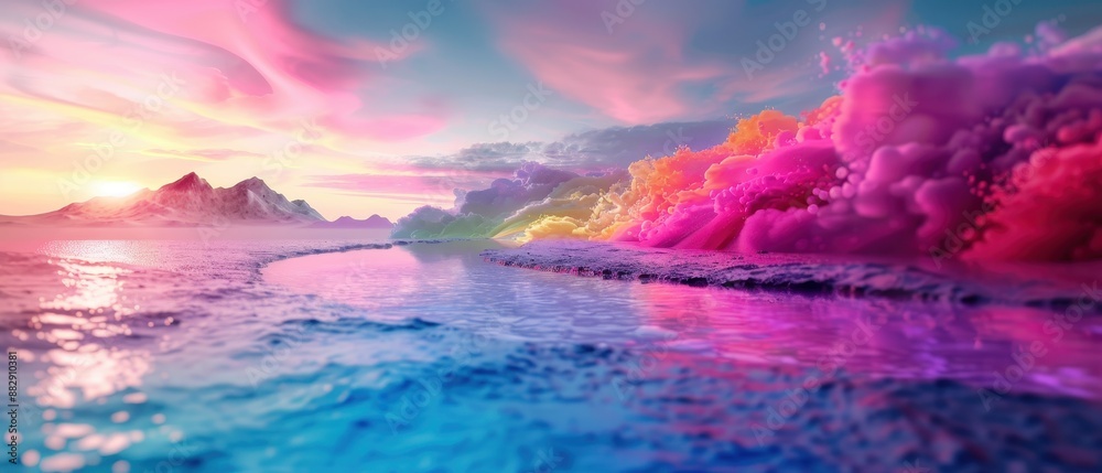 Vibrant Dreamscape of Colorful Clouds Over Serene Water with Mountains in the Distance at Sunset Vibrant Dreamscape of Colorful Clouds Over Serene Water with Mountains in the Distance at Sunset