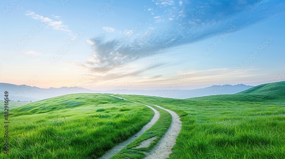 Fototapeta premium A road winds through a lush green field with a clear blue sky overhead