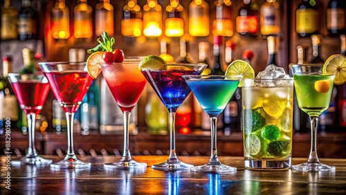 Close up of colorful cocktails on a bar counter, mixed drinks, beverages, alcohol, drinkware, garnish, party, nightlife