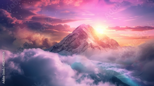 Stunning Sunrise Over Majestic Mountain Peaks with Vibrant Sky and Clouds in a Dreamlike Landscape